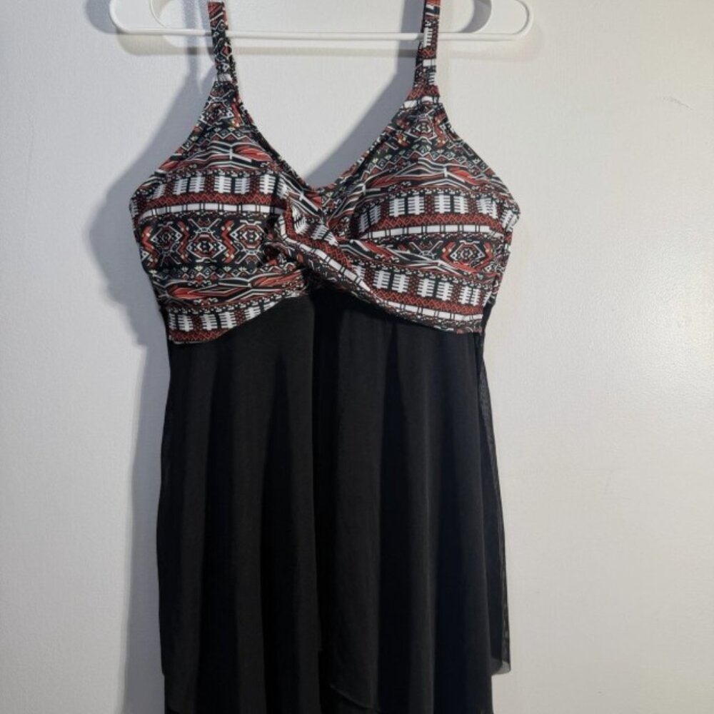 Kate Kasin Bikini Top Tribal Print Halter Mesh Ruffle Size L